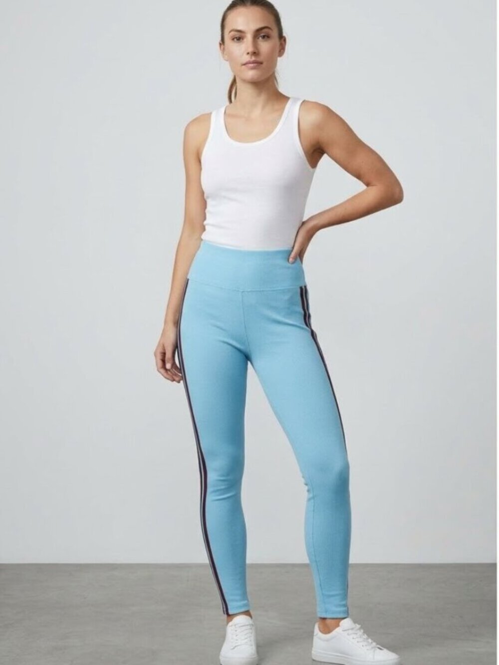 Fabletics Athleisure Women's Ribbed High-Rise Leggings Light Blue Retro Striped